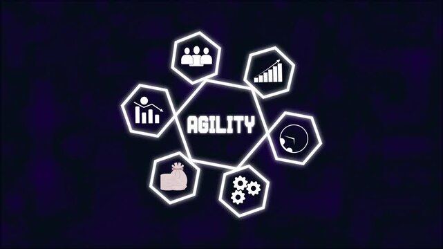 Agility adaptive business glowing hexagonal network, neon abstract geometric pattern, futuristic flexible strategy connection design, bright white light structure on black background