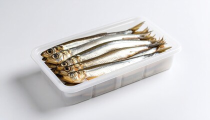 Freshly caught fish displayed in a clear container on a white background, ready for culinary use