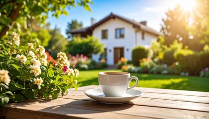 A serene morning scene featuring a cup of coffee on a wooden table with a garden and house in the background