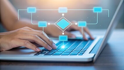 Person typing on laptop with digital flowchart hands