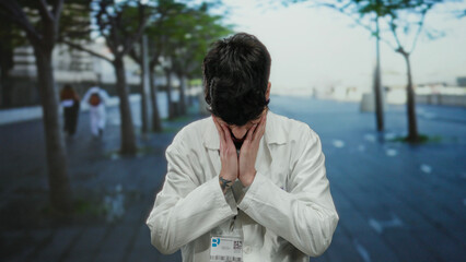 Man in white coat stands on empty urban street with hands on face, expressing stress under trees...