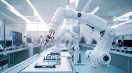 A robot is working in a factory, surrounded by other robots