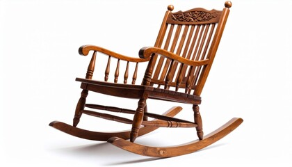Wooden rocking chair with intricate design, isolated on white background for home decor use