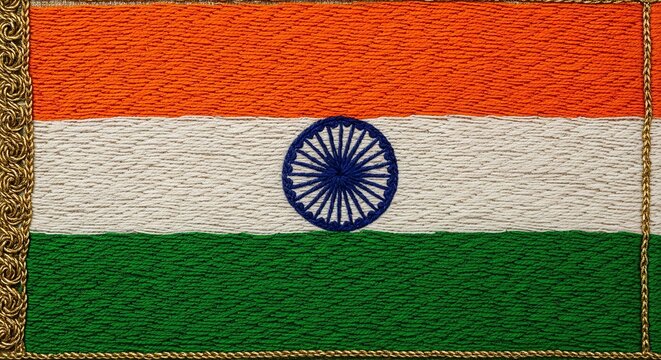 Elegant embroidered Indian flag with gold trim for cultural celebrations