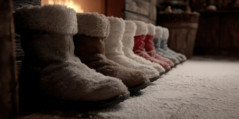 Snow covered boots lined up by cozy fireplace