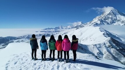 Group on snowy mountain peak