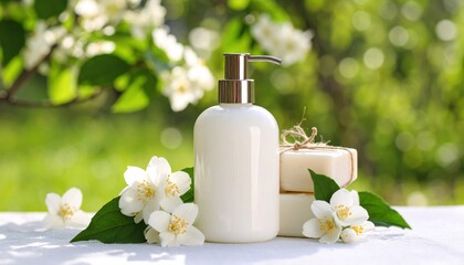 Elegant bottle of lotion beside natural soap and blooming flowers in a serene garden setting