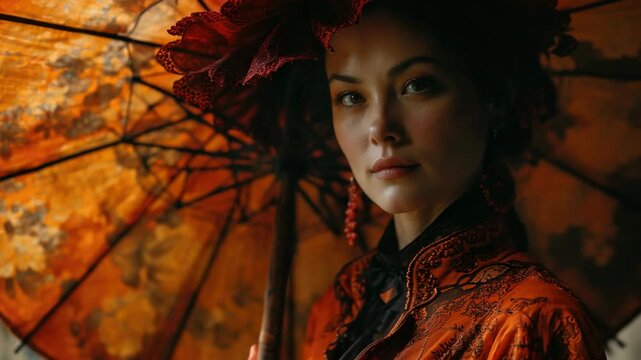 Captivating portrait of a woman in traditional attire holding a vibrant parasol indoors