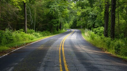 Fototapeta premium Highway Horizons: Dynamic Picture of Asphalt Highway – Smooth Black Pavement Cutting Through Green Fields and Distant Hills, Yellow Center Lines, Roadside Guardrails, and Trucks Speeding Under a Cloud