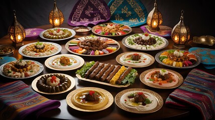 Fototapeta premium Festive Iftar Buffet with Arabic Decor Middle Eastern feast on round table