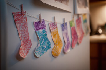 Colorful paper Christmas stockings hang on string with clothespins