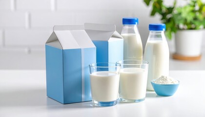Fresh milk products displayed on a kitchen counter with glasses and containers in a cozy setting