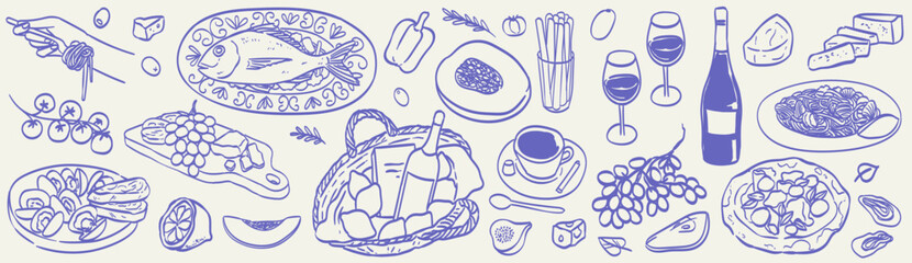 Italian retro vintage doodle drawing of food and wine. Family dinner, picnic, breakfast or supper with wine, pasta and snacks. Dolce vita drawings for cafe or restaurant menus, poster, placard design.