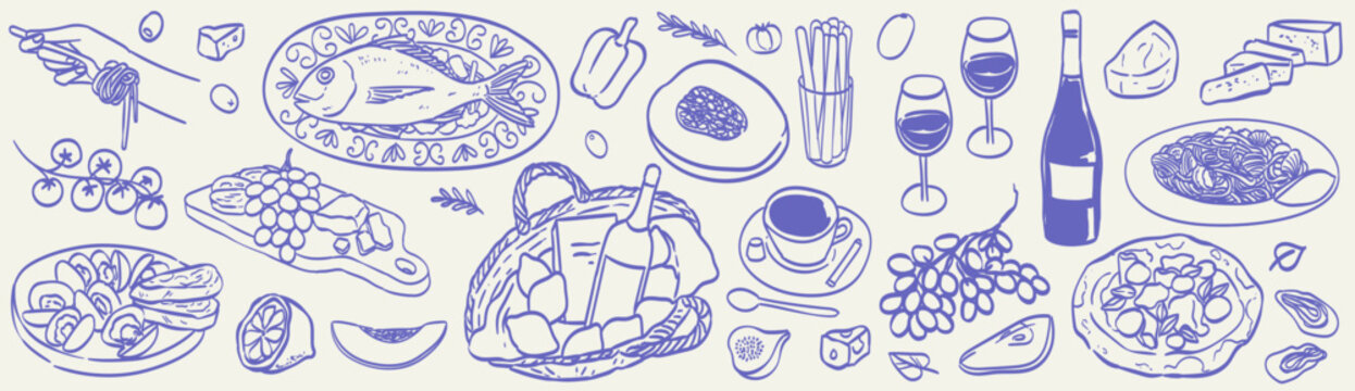 Italian retro vintage doodle drawing of food and wine. Family dinner, picnic, breakfast or supper with wine, pasta and snacks. Dolce vita drawings for cafe or restaurant menus, poster, placard design.