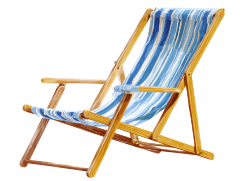 Striped blue and white fabric beach chair with wooden frame image, Isolated, Png Transparent Background