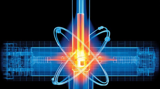 sleek, futuristic illustration of a molten salt reactor (MSR) core, glowing with an internal, warm orange light. Above it, stylized atoms of thorium orbit, symbolizing its role as a future nuclear 