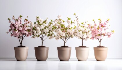 Beautifully arranged flowering plants in pots showcasing vibrant blossoms against a clean backdrop