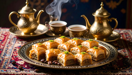 Delicious traditional baklava pastries served with hot coffee in ornate golden teapots