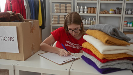 Young volunteer woman sorting donated sweaters on a table inside a donation building with shelves...