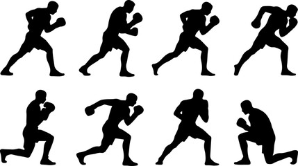 pure black silhouette vector illustrations of a boxer performing footwork drills