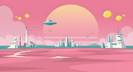 A futuristic cityscape with flying saucers under a large sun in a pink and yellow colored sky scene