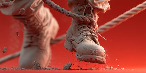 Levitating Broken Weapons and Soldier Boots Against Red Backdrop in Stylized 3D Clay Texture