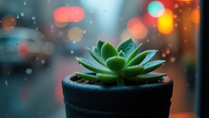 Succulent Plant in Pot on Rainy Window Sill with Bokeh City Lights Backdrop