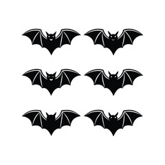 Six silhouettes of flying bats on a white background