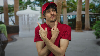 Man in red cap and red shirt finger pointing with crossed arms on street by palm trees and benches;...