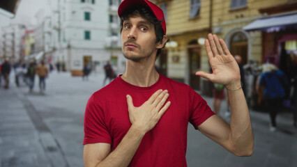 Red-shirted man raising hand with open palm in bustling city street scene; service dedication...