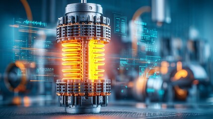 3D rendering of a futuristic molten salt reactor core glowing with orange and blue energy channels, surrounded by digital energy data and schematic overlays, ample copy space molten salt reactor, 