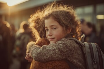 Child hugs parent tightly at school gate on emotional first day