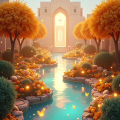 The serene beauty of a royal garden with a turquoise canal at sunset.