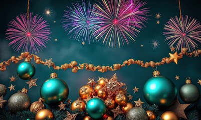 Festive teal and gold Christmas ornaments with fireworks and star decorations on a teal background