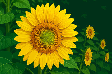 A vibrant vector-style illustration of a large sunflower in full bloom, prominently displayed in the foreground. Its bright yellow petals radiate around a detailed, spiraling green and brown center. I