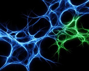 Fototapeta premium Electric Blue and Lime Green Glowing Spiderwebs - Futuristic Abstract Pattern on Black Background
