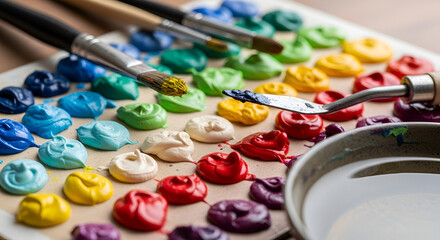 Palette of Colorful Oil Paints with Brushes and Palette Knife