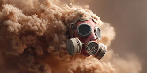 Stylized 3D Gas Mask Hovering in Smoky Atmosphere with Dramatic Highlights and Matte Texture