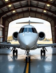 Luxury white private jet aircraft parked in modern hangar with polished reflective floor. Corporate aviation and executive travel concept for business transportation.