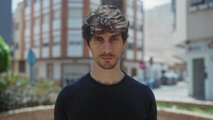 Man bare face with stubble looks into camera on sunlit urban street with building facade; quiet...