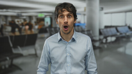 Man in light blue shirt covers mouth with hand while standing amid rows of terminal seating at busy...