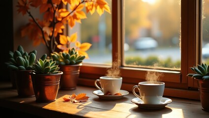 Cozy Autumn Window Scene with Coffee Cups and Succulent Plants in Sunlight