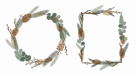 A collection of hand-drawn botanical wreaths and frames. Rustic circle and square decorative elements with winter foliage and berries.