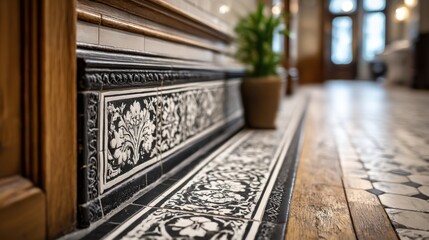 Elegant vintage floor tiles and decorative border in historic building hallway