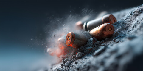 Cinematic 3D Closeup of Bullet Casings Spilling Over Cracked Concrete Surface with Stylized Lighting