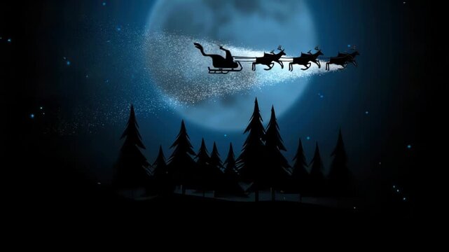 Santas sleigh pulled by reindeer flies through the night sky under a full moon, with a silhouette of pine trees in the foreground - Powered by Adobe