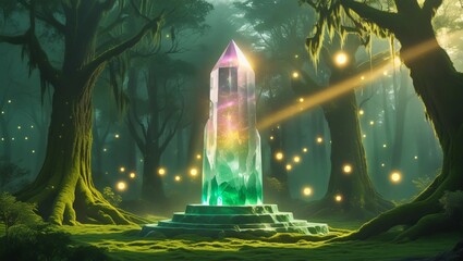 Crystal Spire in a Mystical Emerald Forest
