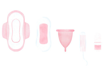 Sanitary pad with menstrual cup and tampon watercolor icon 