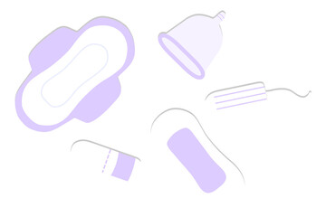 Menstrual cup with sanitary pad and tampon illustration icon 