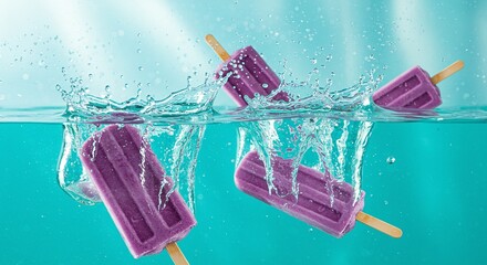 Frozen delight! Watch purple ice pops dive into refreshing water, creating a splash of summer fun. A cool treat to beat the heat!